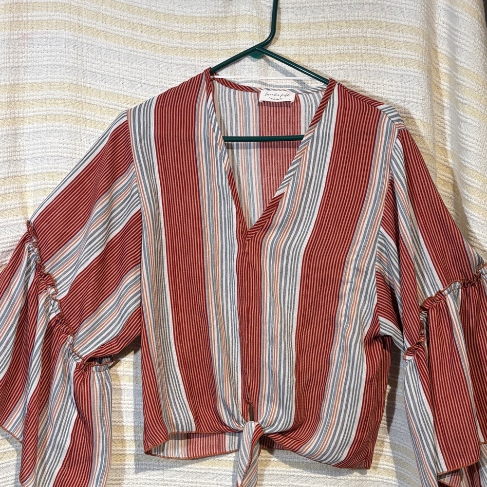 Women’s Lavender Fields Striped V-Neck Top — Rust, Cream & Slate Blue Size Large